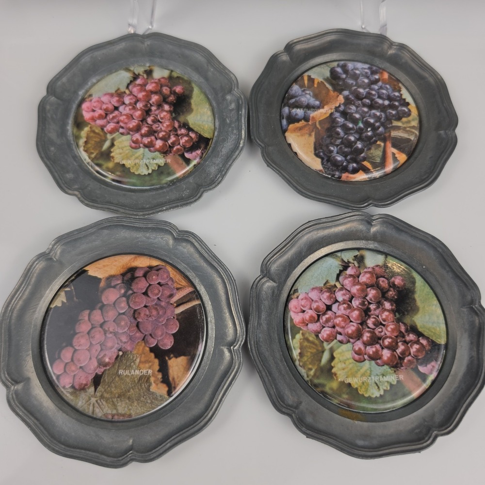 Vintage German Pewter Grape Coasters Set 4 Gewurztraminer Rulander Angel Mark